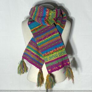 Rainbow Multi Fair Isle Print Striped Knitted Long Scarf W Tassels